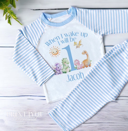 Personalised Blue Striped Children's Pyjamas "When I Wake Up I Will Be ...." with Dinosaurs